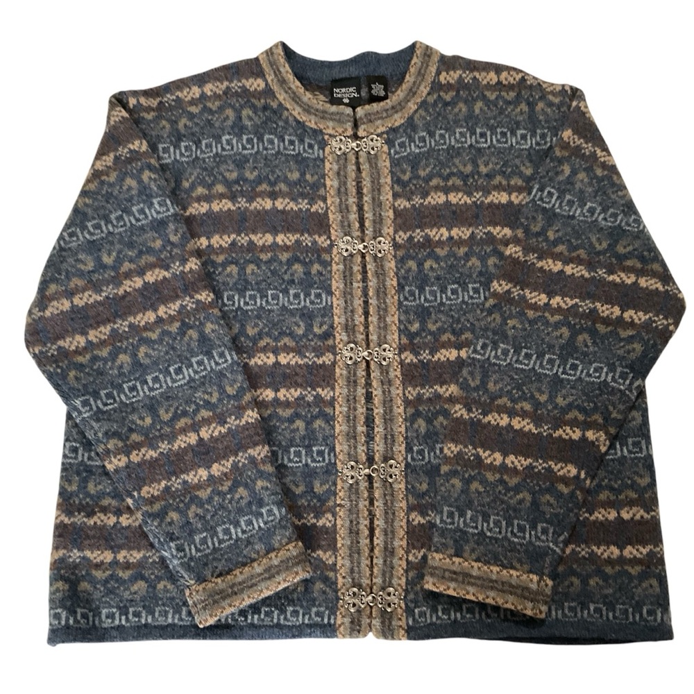 NORDIC DESIGN Fair Isle 100% Wool Cardigan Sweater Womens Large Excellent Cond